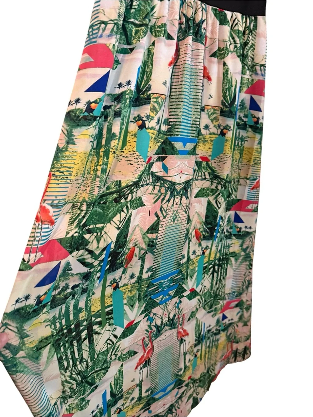 Nicole Tropical Flamingo Print Black Bodice Sheer Panel Sleeveless Maxi Dress